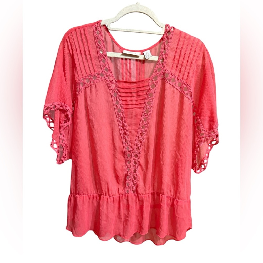 Chico’s Bright Coral Sheer Boho Blouse Pintuck Lace Detail Ruffle Hem Top 3X